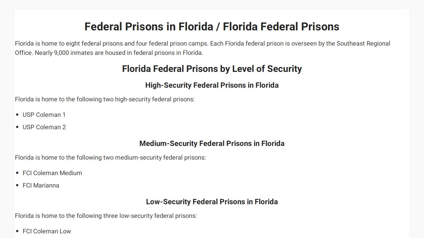 Federal Prisons in Florida - Florida Prison Inmate Search